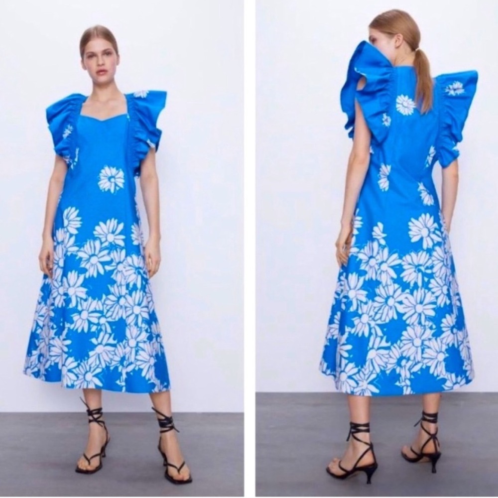 ZARA Blue White Daisy Print Ruffle Sleeve Midi‎ Dress Women's XS